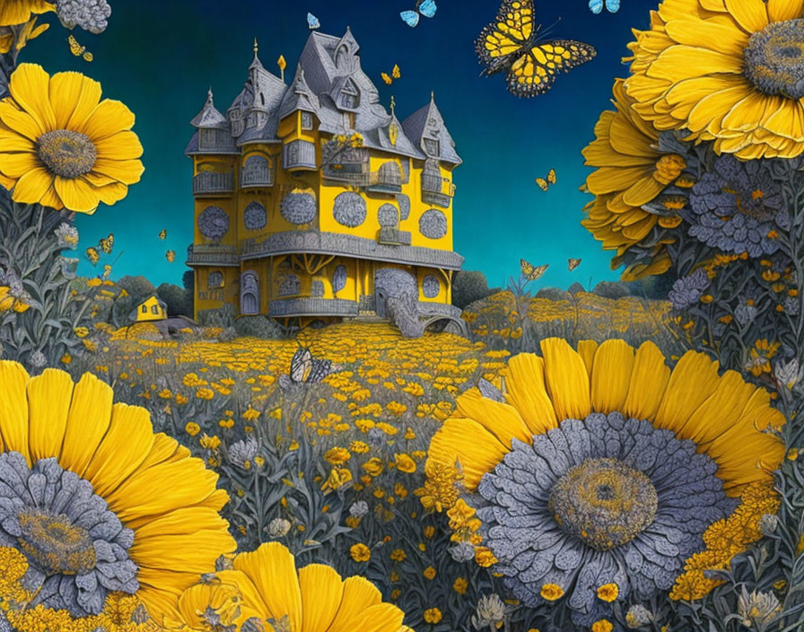 Colorful illustration: Yellow mansion in sunflower field at dusk