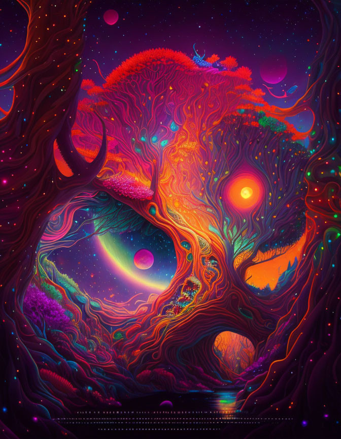 Colorful Tree Artwork with Swirling Patterns on Cosmic Background