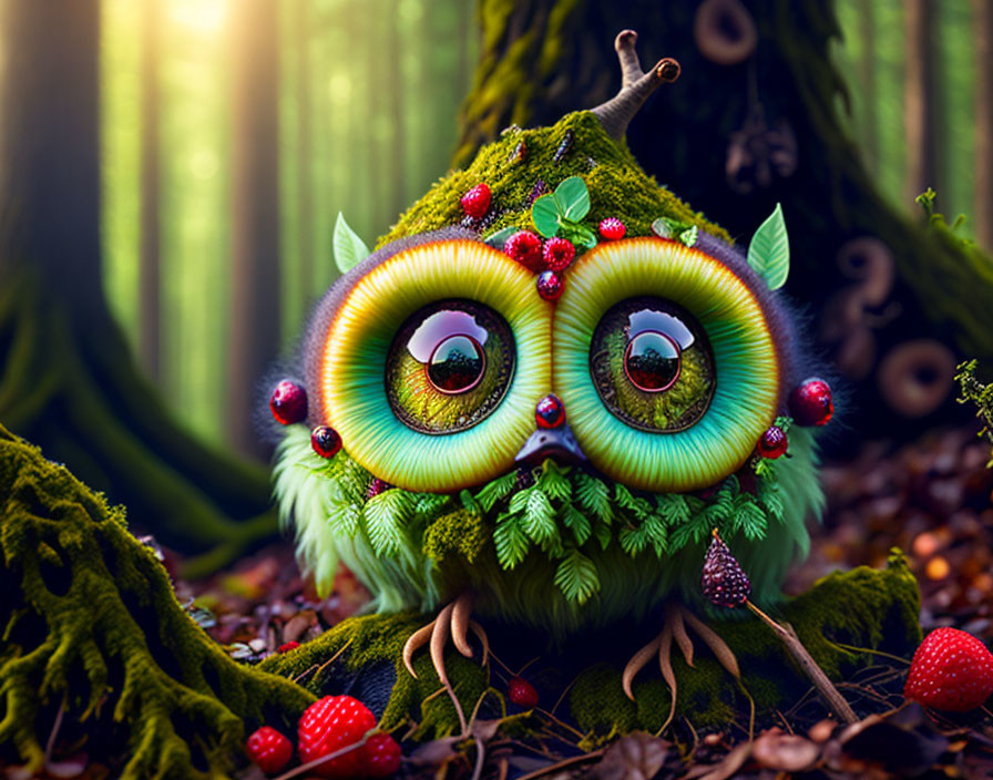 Whimsical creature with expressive eyes in enchanted forest