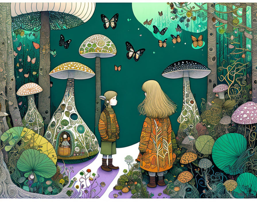 Colorful Mushroom Forest Scene with Two Individuals in Patterned Coats