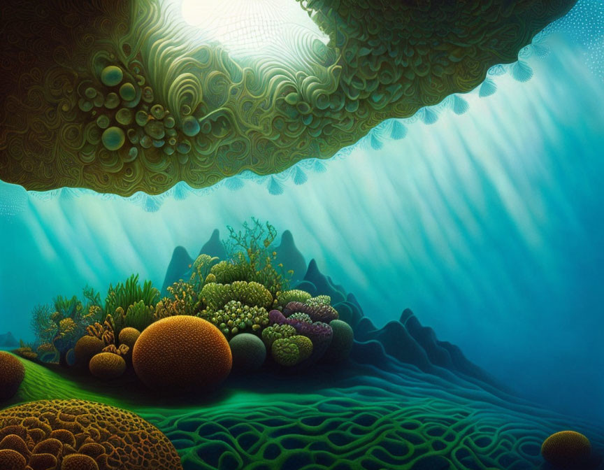 Surreal underwater landscape with stylized coral formations and blue gradient