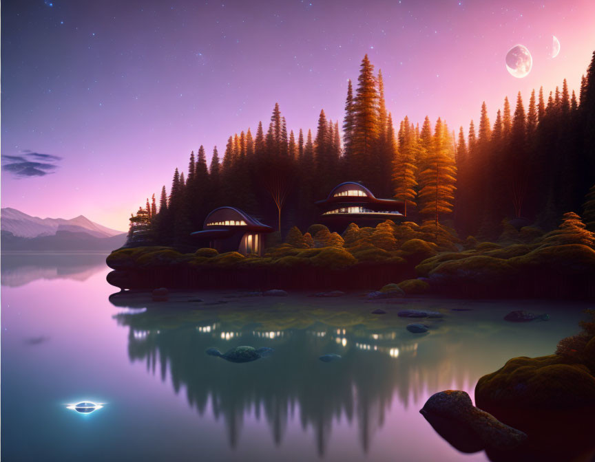 Futuristic domed houses on forest lakeshore at twilight