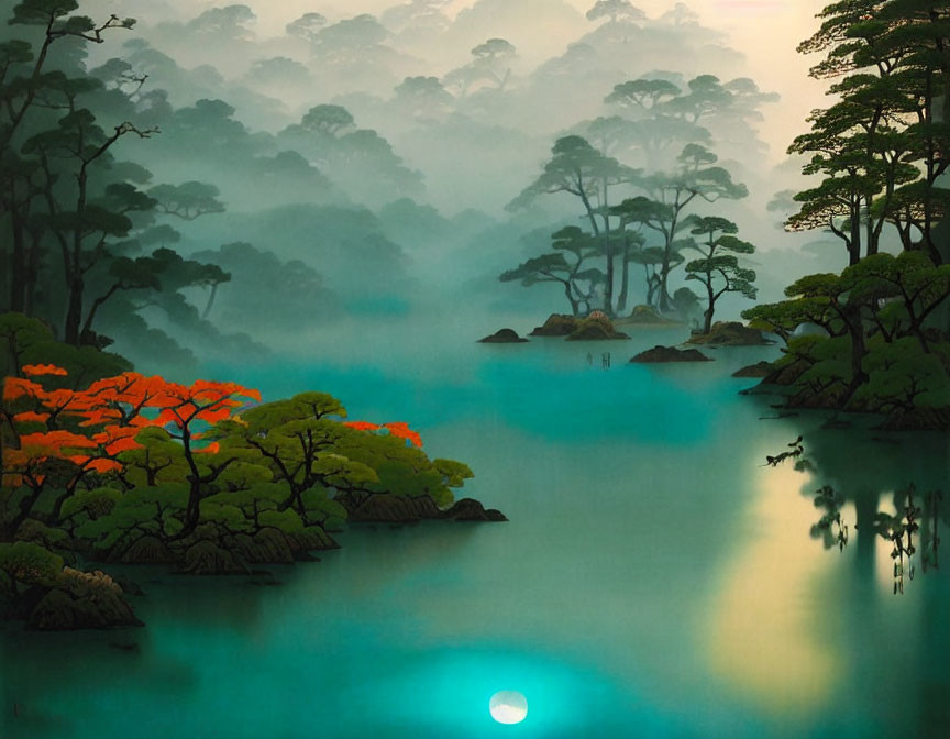 Tranquil landscape: misty trees, reflective lake, orange foliage, soft light