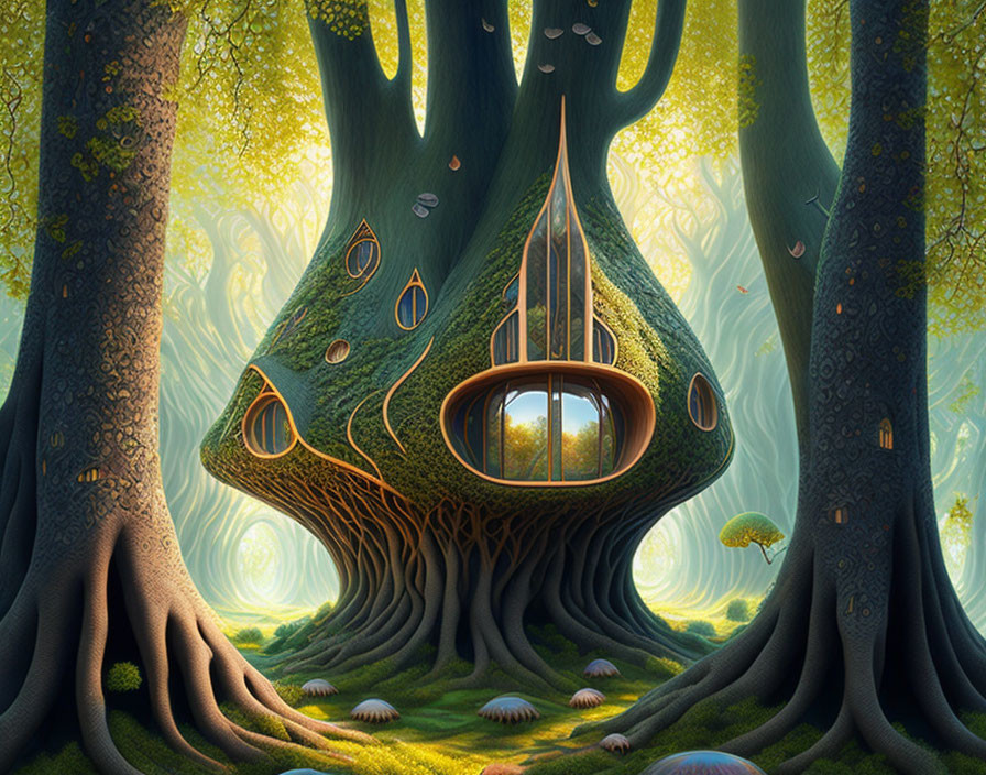 Whimsical treehouse with oval windows in vibrant forest