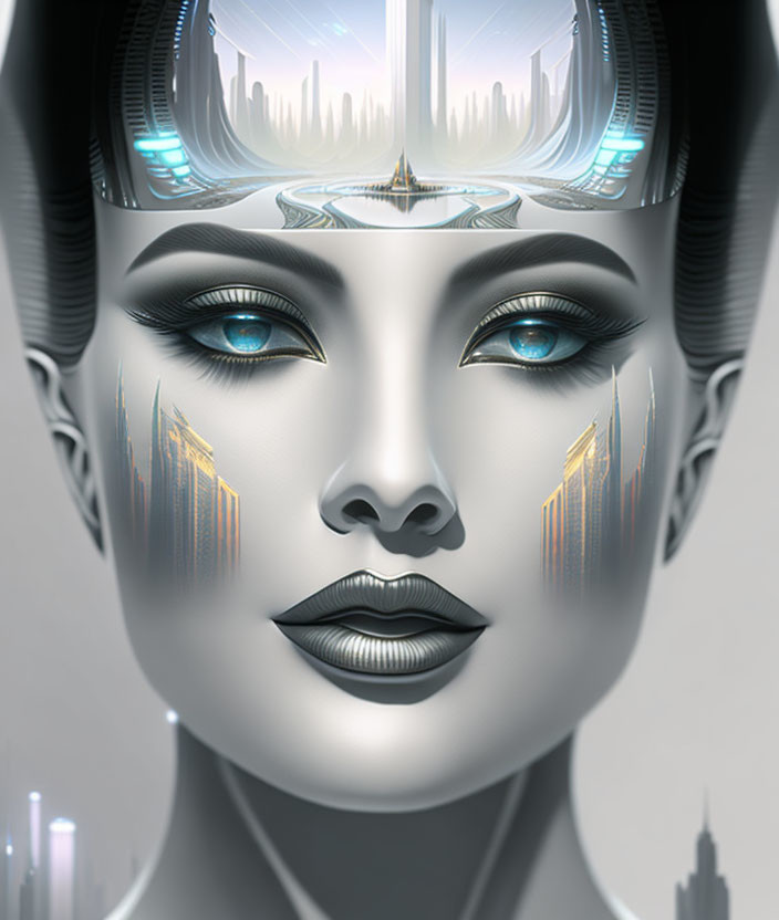 Futuristic female android with cityscape crown and circuitry details on face