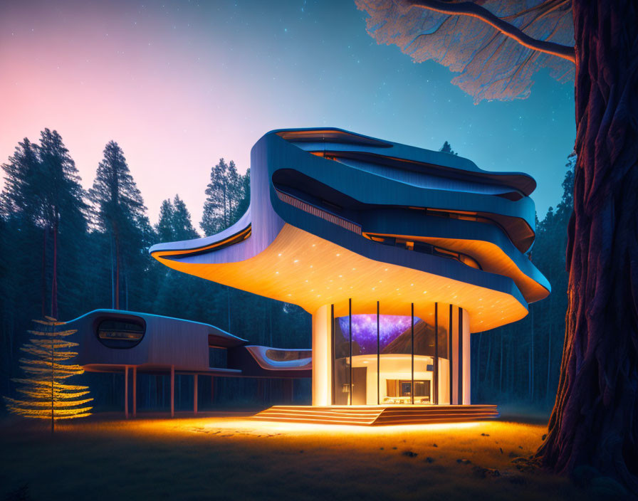 Futuristic house with flowing design in forest twilight