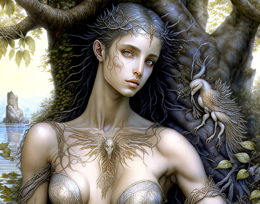 Fantasy artwork: Woman with elfin features, tree-like adornments, bird, ethereal forest