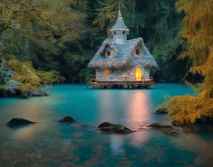 Twilight-lit cabin on a serene lake amidst lush trees