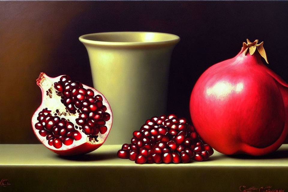 Ripe pomegranate and split fruit in beige vase on dark surface