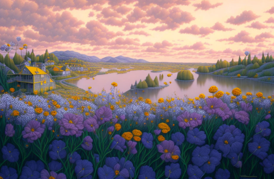 Tranquil landscape: lake, lush fields, flowers, purple dusk sky