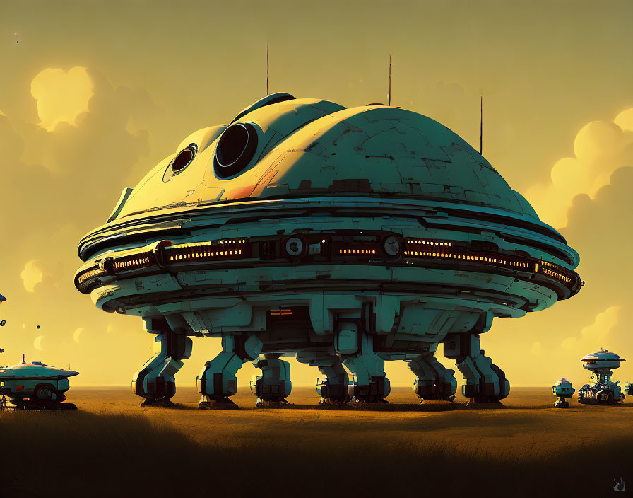 Futuristic dome-shaped robot with smaller robots in desert landscape