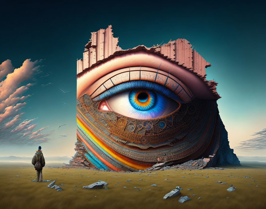 Giant eye-shaped structure in surreal landscape with intricate patterns