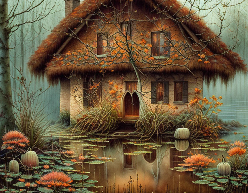 Thatched cottage in autumn setting with pond, water lilies, and pumpkins