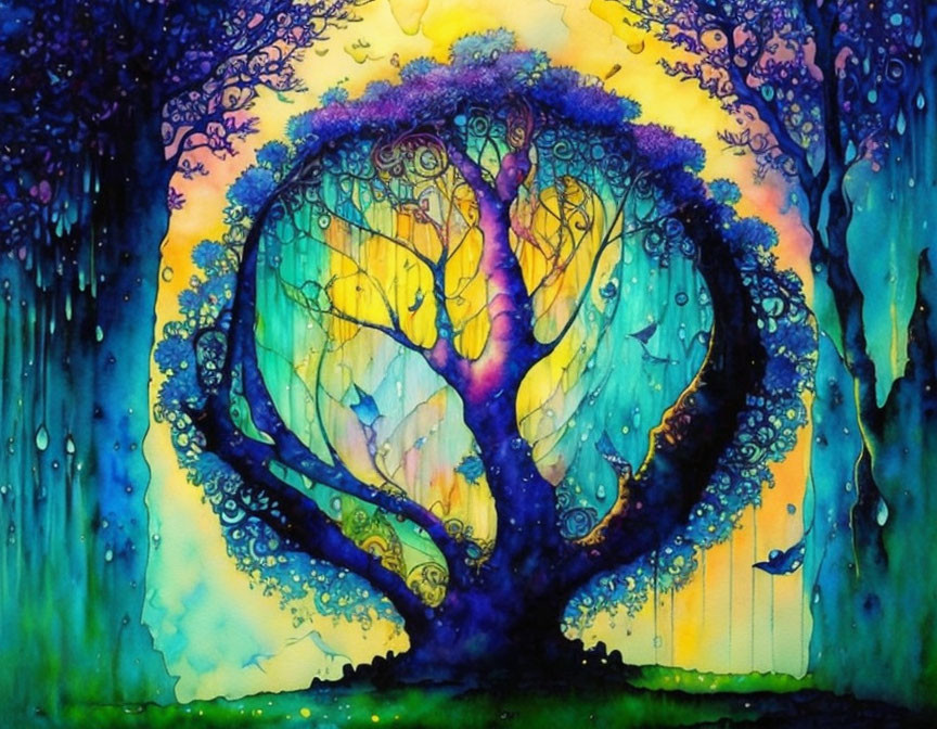 Whimsical tree watercolor painting with purple and blue tones