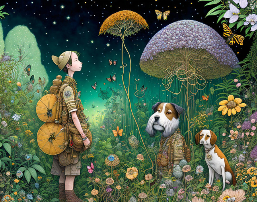 Illustration of girl, backpack, dogs, magical forest, oversized flowers, butterfly