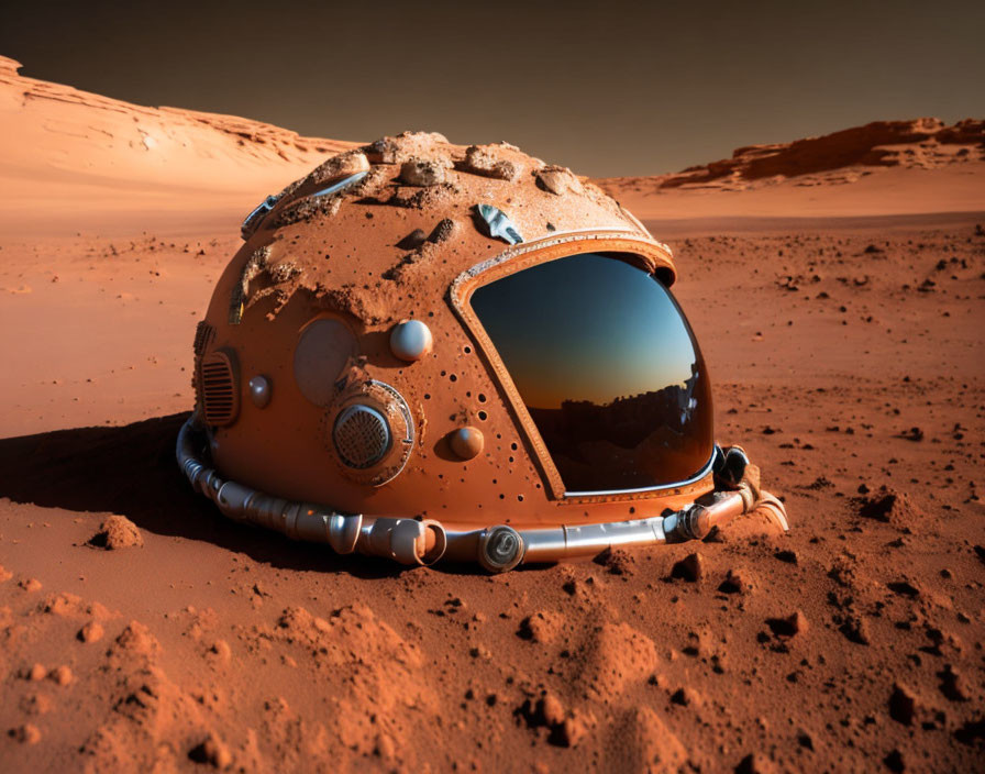 Reflective visor helmet on Mars desert landscape
