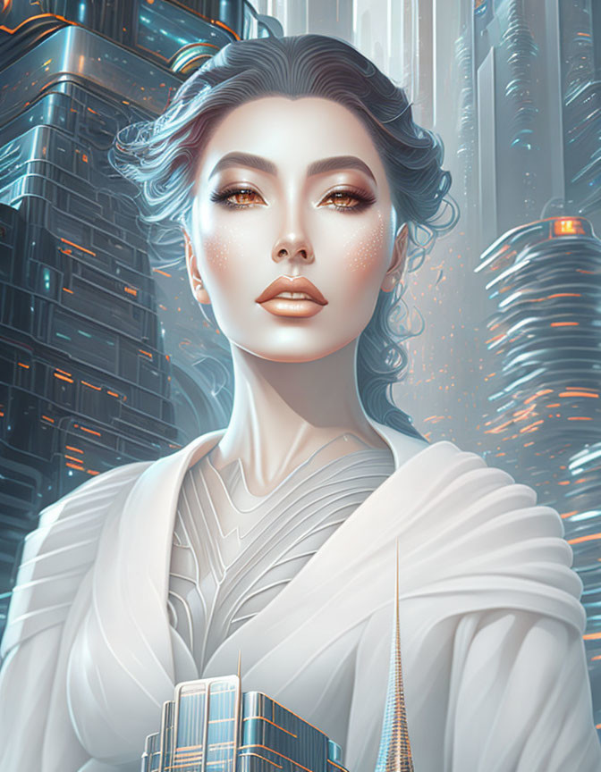 Futuristic digital artwork of a woman with stylized hair and freckles in urban cityscape