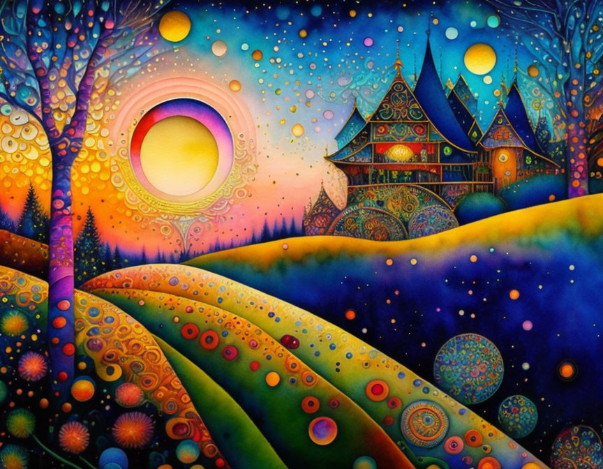 Colorful landscape with whimsical trees, castle, crescent moon, and starry sky