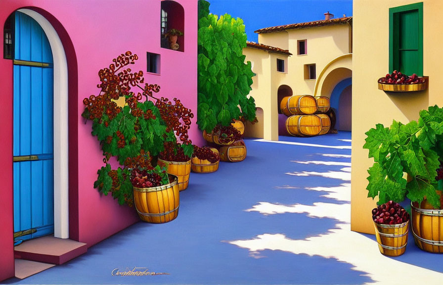 Vibrant Mediterranean street scene with colorful houses and grapevines