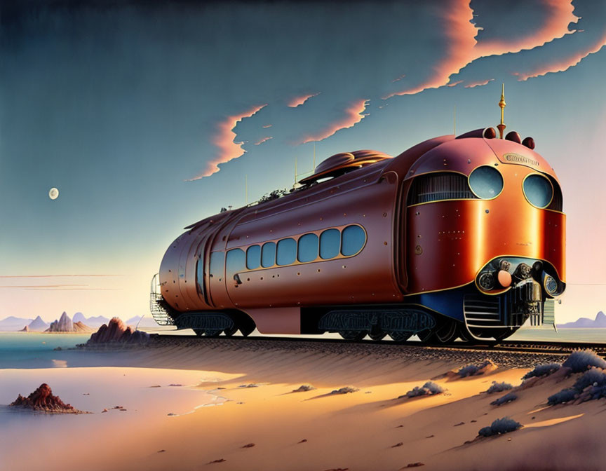 Sleek retro-futuristic train in desert landscape at sunset