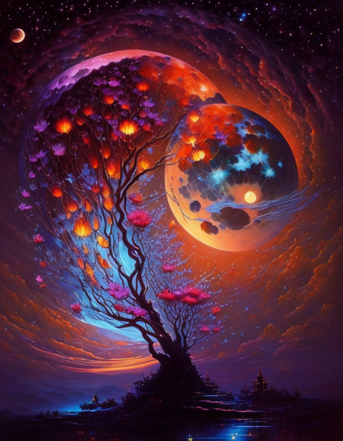 Fantasy artwork: Glowing tree, moons, star-lit sky, reflective water