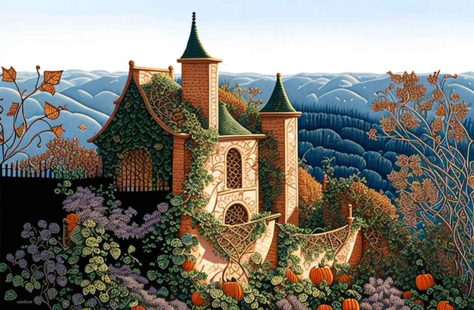 Illustrated fairy tale castle with ornate towers in lush garden scenery