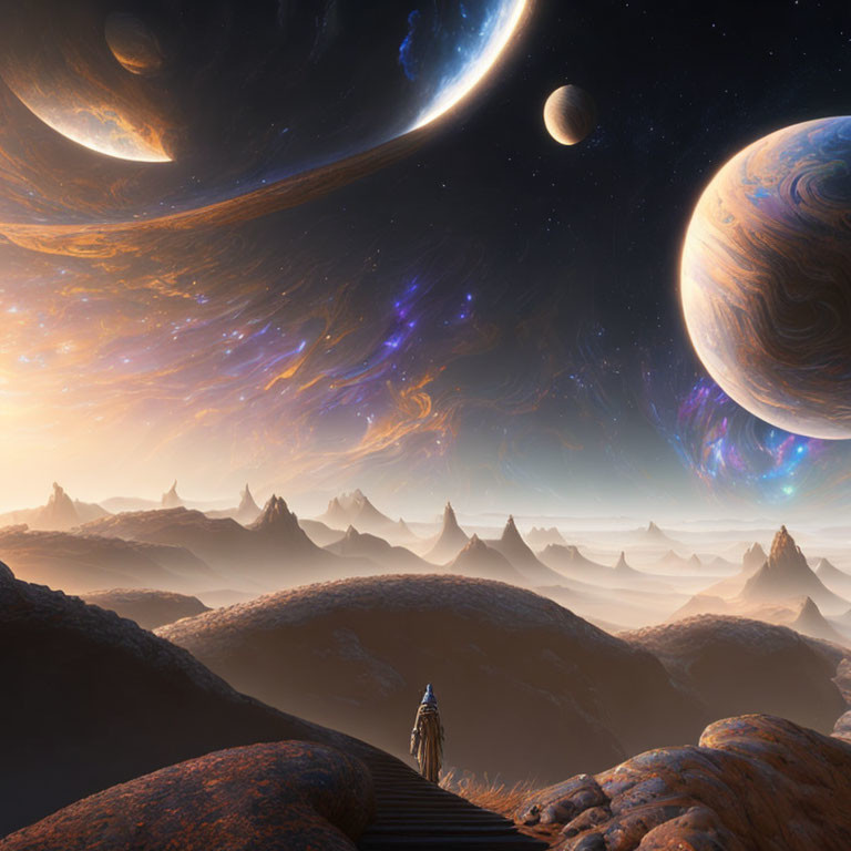 Astronaut gazes at surreal sky with alien planets and nebulas