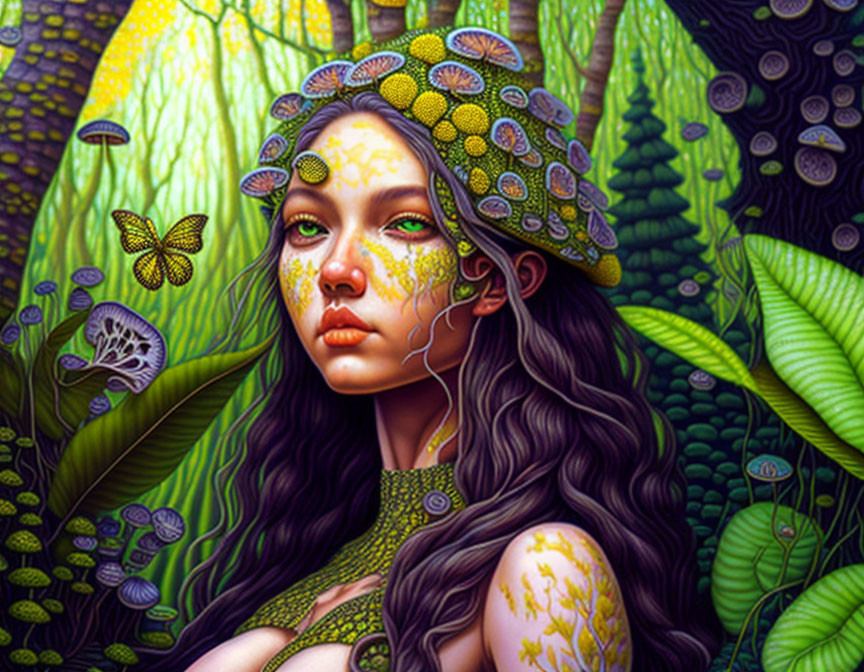 Woman with Green & Yellow Nature-Inspired Makeup Surrounded by Foliage & Butterfly