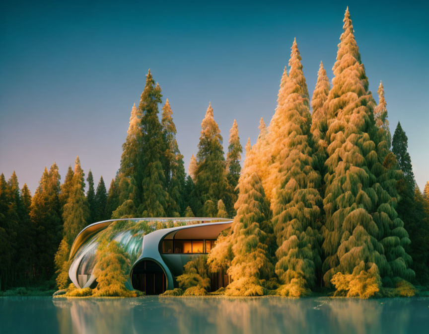 Curved modern house by golden pine trees at sunset