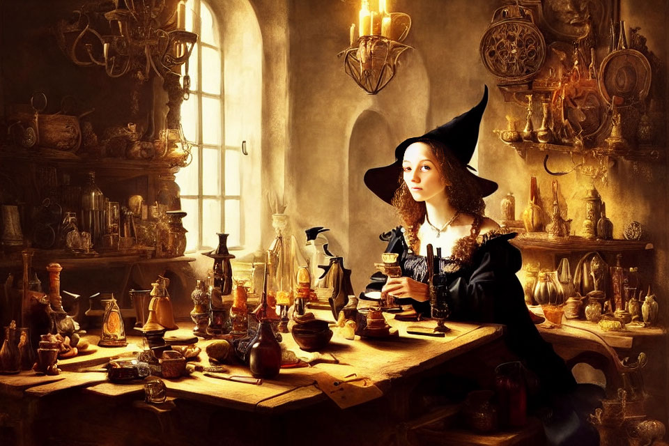 Witch in pointed hat at table in dimly lit room