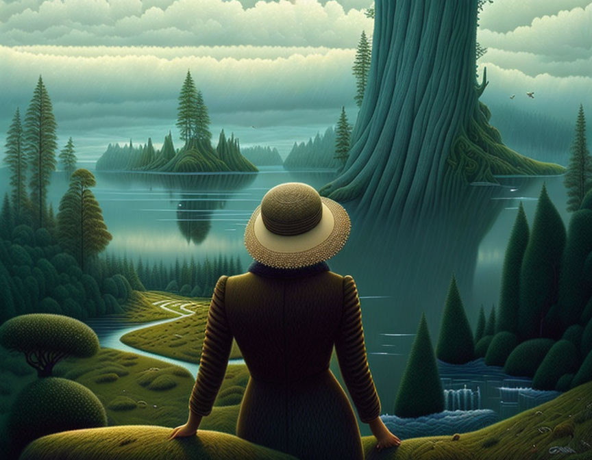 Person in hat admiring serene landscape with tree, lake, islands, and meandering path in mist