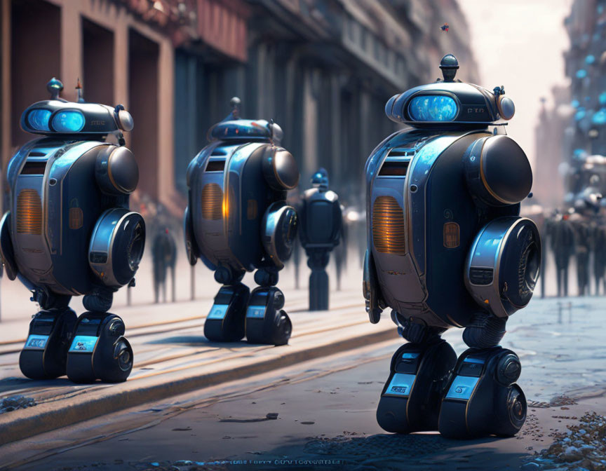 Futuristic police robots with blue lights and ID numbers patrol city street