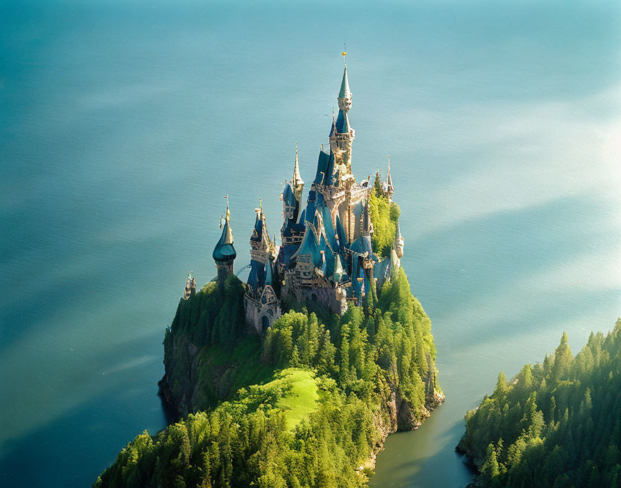 Majestic fairytale castle on lush hill by water