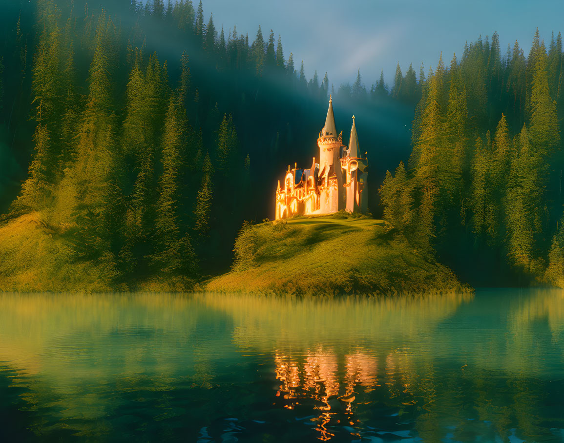 Enchanting castle on forested island at dusk