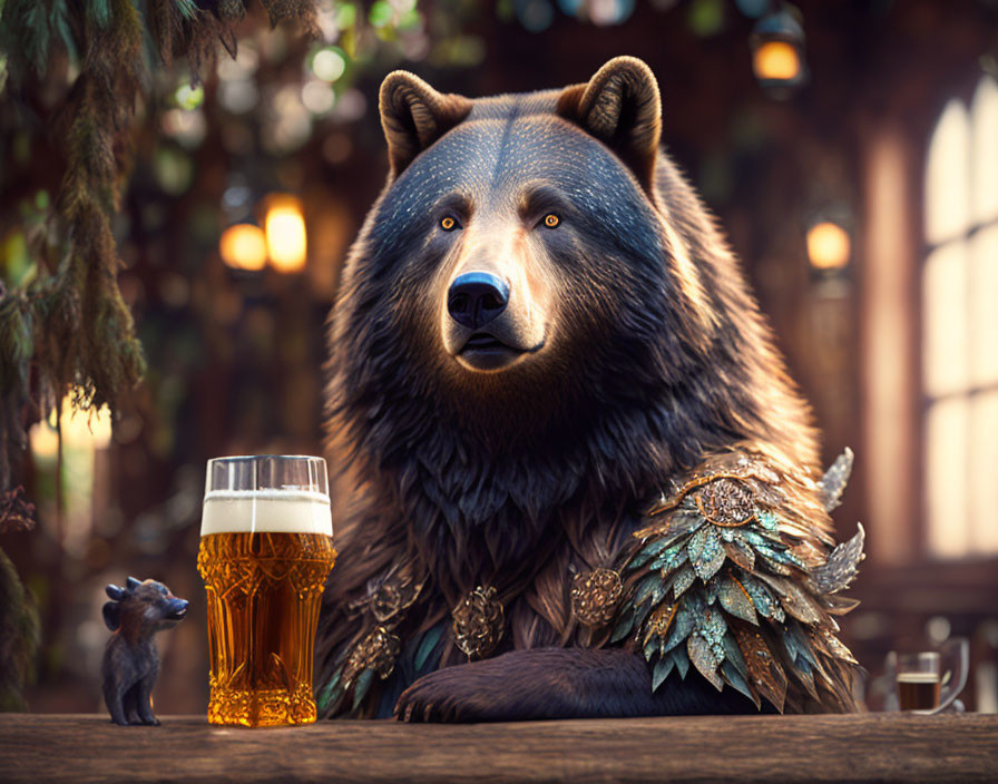 Medieval bear in armor with beer and mouse in fantasy tavern setting