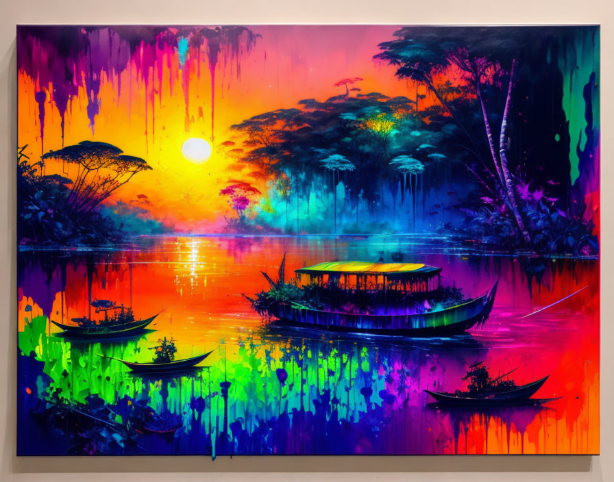 Colorful psychedelic artwork: boats on river with sunset and trees