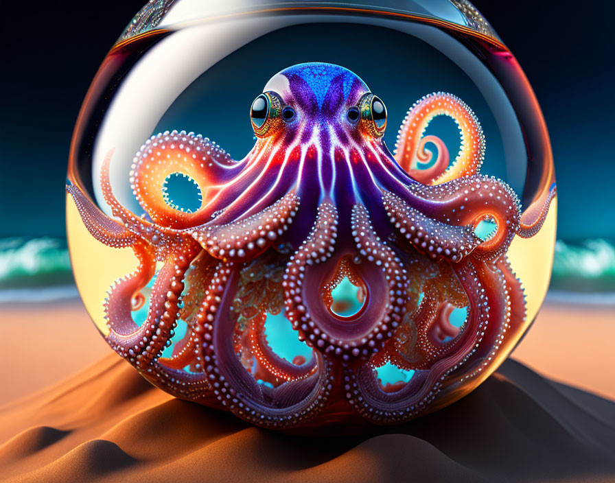 Colorful Octopus in Transparent Sphere on Sandy Surface at Sunset