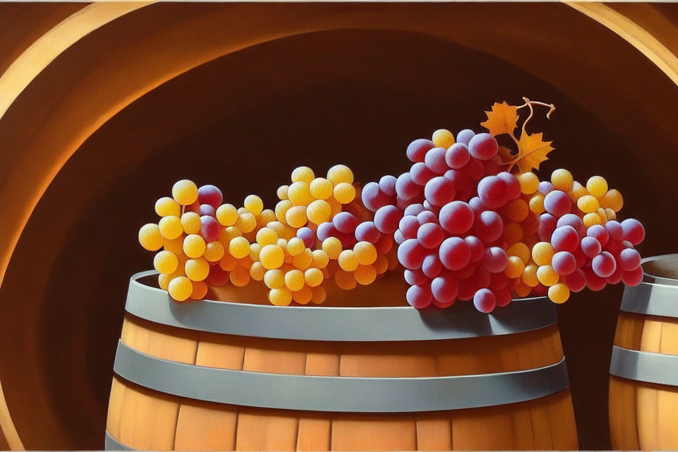 Ripe grapes on wooden wine barrels with autumn leaf and curved interior