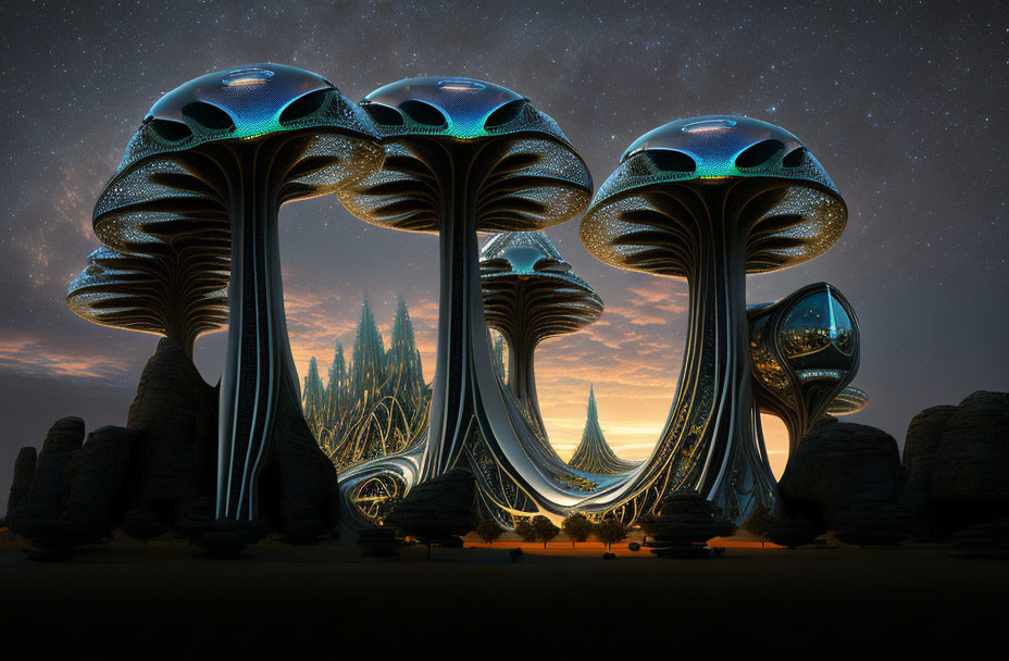 Glowing mushroom-like structures under starry sky and city skyline.