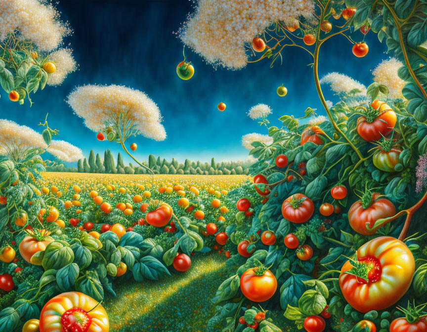 Surreal Tomato Tree Landscape with Ripe Tomatoes and Dark Sky