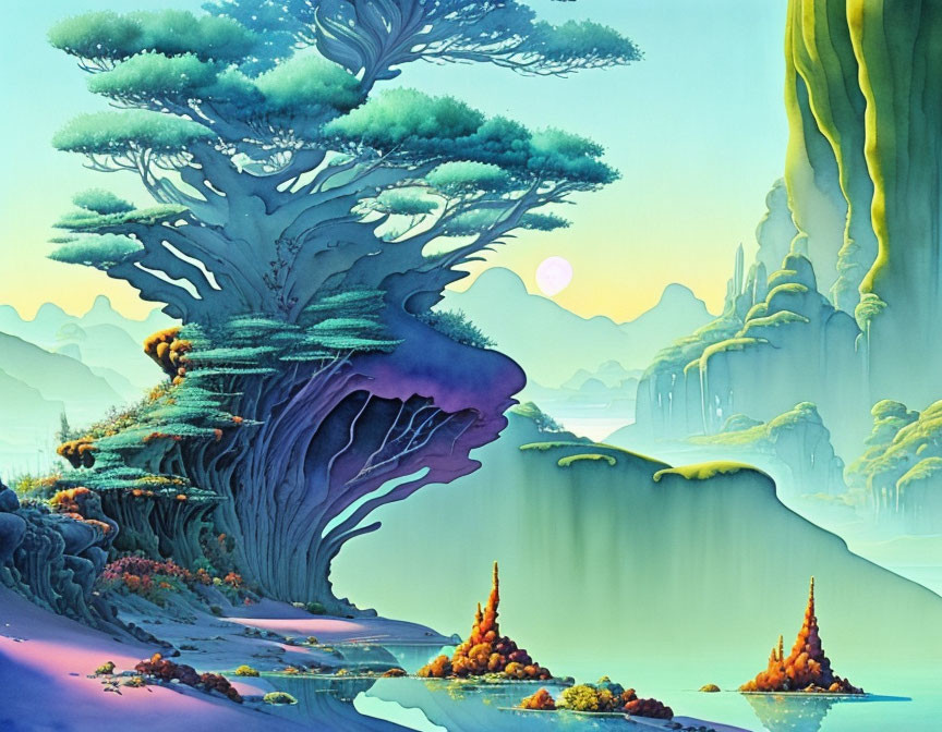 Fantastical landscape with oversized tree on mushroom rock near serene lake