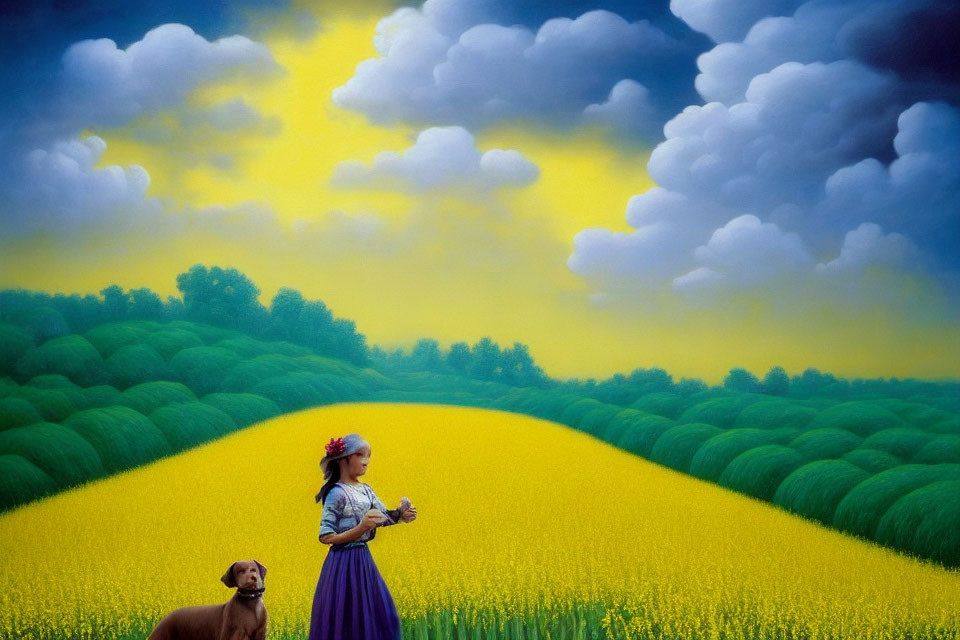 Girl in Purple Dress with Dog in Yellow Field under Towering Clouds