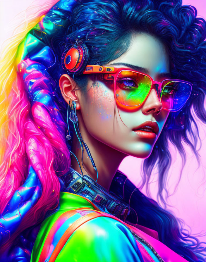 Vibrant digital artwork: Woman with neon hair, futuristic glasses, holographic clothing, headphones -