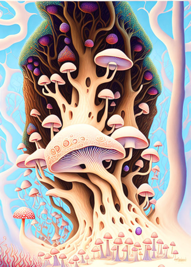 Fantastical image of stylized mushrooms and whimsical tree in magical forest