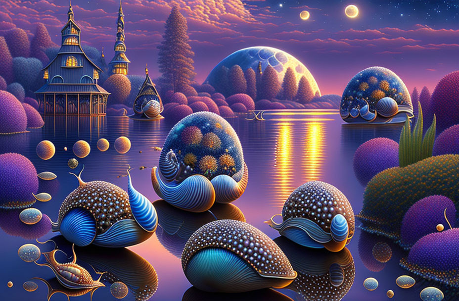 Fantasy landscape with vibrant purple and blue colors and whimsical shell-shaped structures on water with celestial body