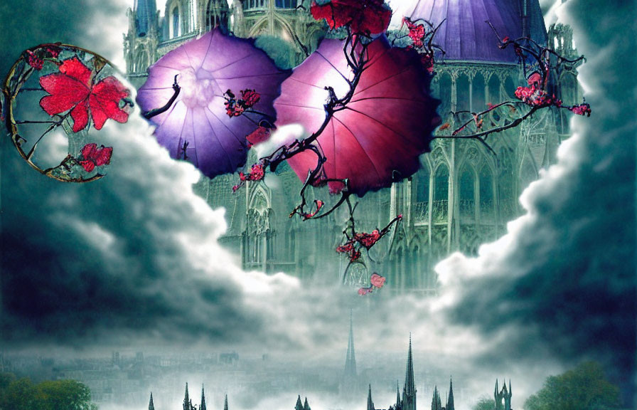 Gothic heart-shaped umbrellas with red flowers in stormy skies