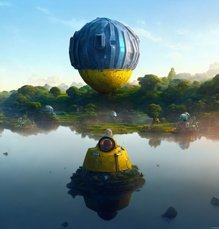 Futuristic habitat with floating spheres above tranquil lake