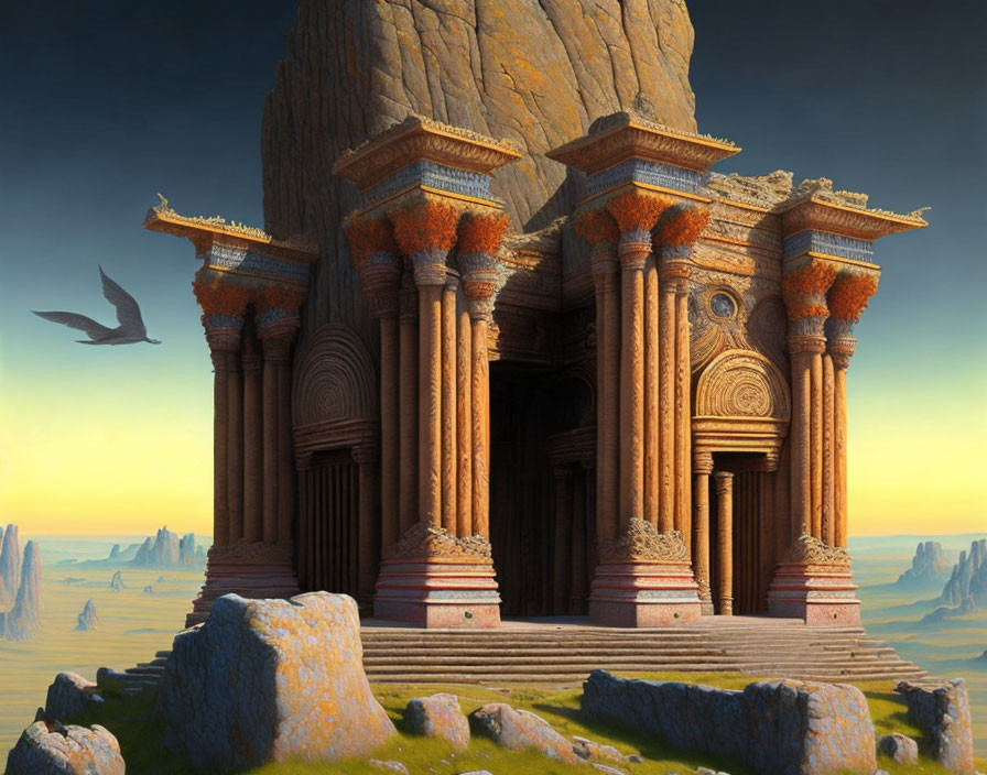 Ancient temple with ornate columns on rocky outcrop under clear sky