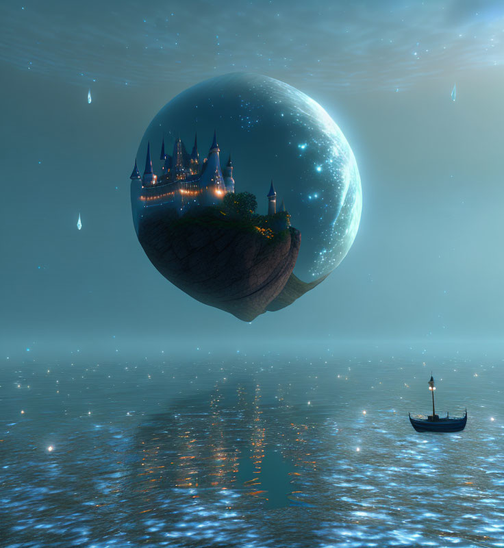 Floating island with castle under starry sky and glowing ocean boat