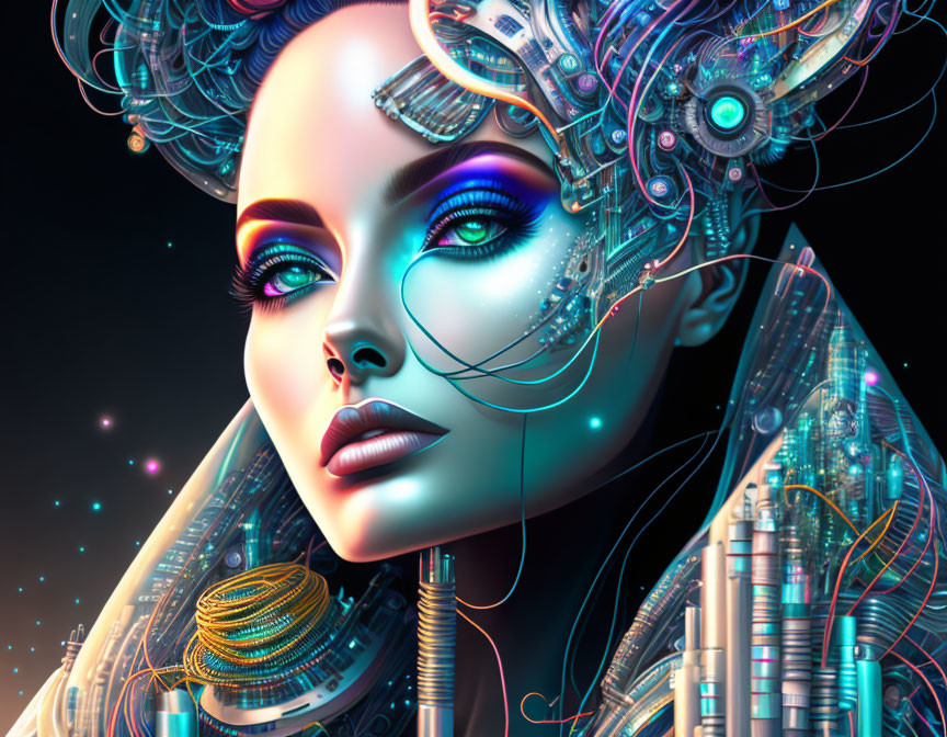 Futuristic digital art: Woman with mechanical parts and cybernetic details